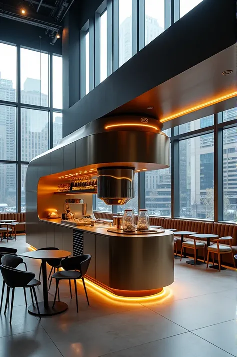 A café designed like a modern espresso machine 