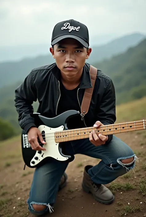 Indonesian man with clean face wearing torn jeans wearing boots wearing a black bomber jacket wearing a baseball cap that says Degol is playing the guitar bass on a hill with his face facing forward and the image looks close up
