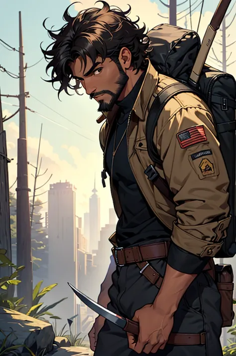 Male character approximately 30 years old, dark brown skin color, afro descendant, brown eyes, short curly black haircut with half side parted bangs over forehead, and a short black beard without flaws, athletic physics, a pair of brown mechanic pants, bla...