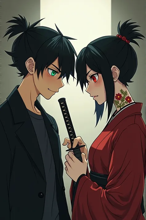 Create two characters fighting with one of them pointing the sword at the other A character aged 22, green eyes, black hair, depressive, apathetic, blank stare, emo, black shirt and black coat Percy Jackson fanart style black hair with a top style, red kim...