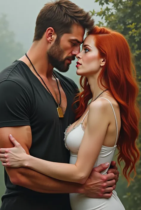 realistic oil painting, handsome manly old man with European features, marked jaw, brown hair GREY eyes and wears an open black t shirt and military tags while hugging the waist and grabbing the face of a beautiful young woman with European features long r...