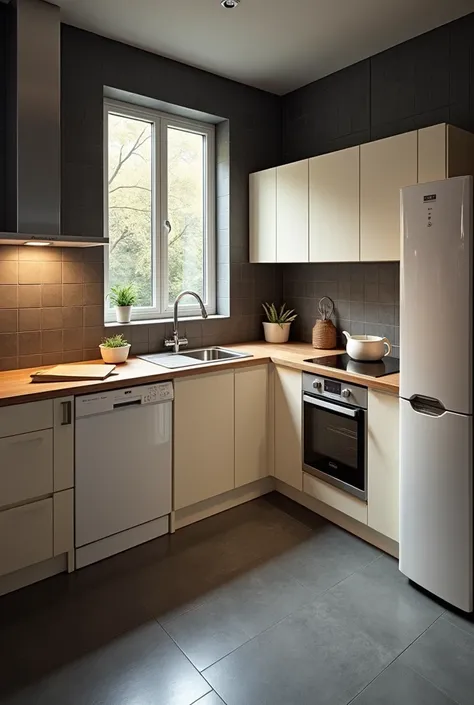 Create a picture of a kitchen with 2 kitchen units. Right, 2,30 with stove under the window and a side by side refrigerator. links, 2,40 m, with sink, dishwasher, high oven. Worktop oak, Front Creme, Floor anthracite tiles