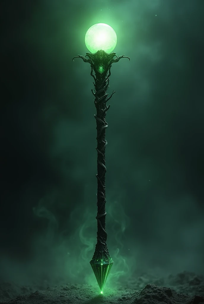 Obsidian staff with a luminous sphere at its light green tip, roots tracing its sphere from end to end diamond sharp at its base, shining light at its end