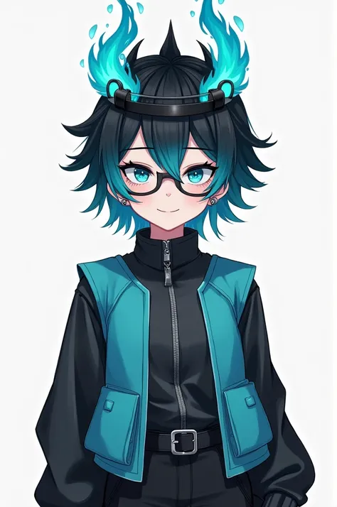 Create an anime character with grey glasses and piercings, with cyan hair on top and black at the ends, with a black crown with cyan fire, with a long-sleeved shirt with a cyan-colored vest, a black pants 