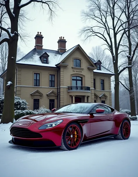 "A luxurious, dark red Aston Martin parked in front of a grand, stone mansion on a crisp winter day. The car features sleek, aerodynamic lines, a low-slung body, and large multi-spoke red rims that match its bold exterior. The car’s glossy finish reflects ...