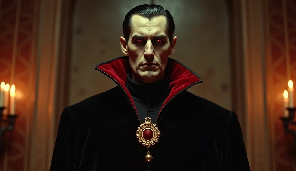 Screengrab of a 1950s Super Panavision 70 movie. Retro in color, featuring a tall, imposing figure with a pale, gaunt face. He wears a dark, velvet cloak with a high collar, lined in crimson, and a gold amulet resting on his chest. His sharp, angular featu...