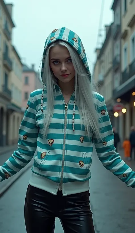 Full shot of a 20 year old girl with a malevolent smile, wearing a blue-green and white striped hoodie with skull designs, long silver hair, standing with her arms outstretched, light violet eyes, eye contour made up with a gradient crimson red color. Blac...