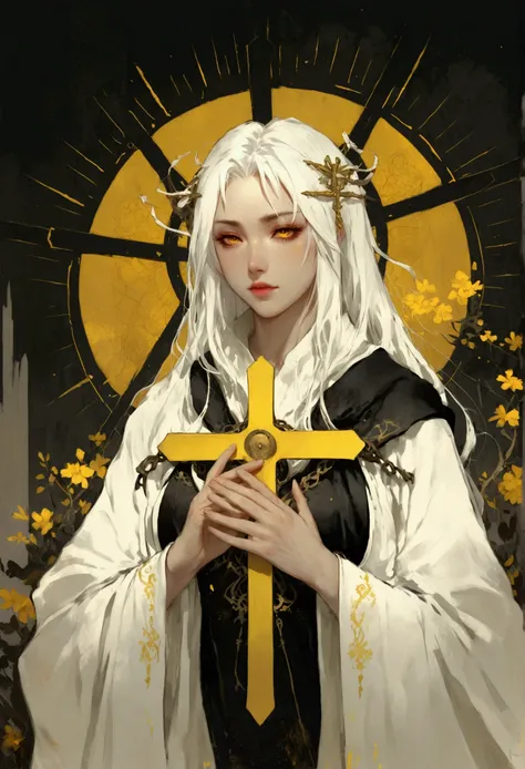 anime girl with white hair and yellow eyes holding a cross, artwork in the style of guweiz, with glowing yellow eyes, guweiz, gu...