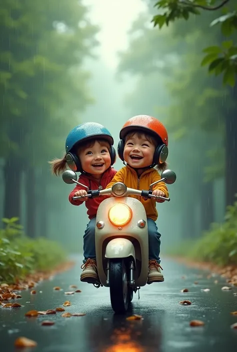 Can u find me a pic of a brother and sister on a scooty ( while its raining) with helmets and jackets and earphones in their ears and laughing and the are is like a forest area road