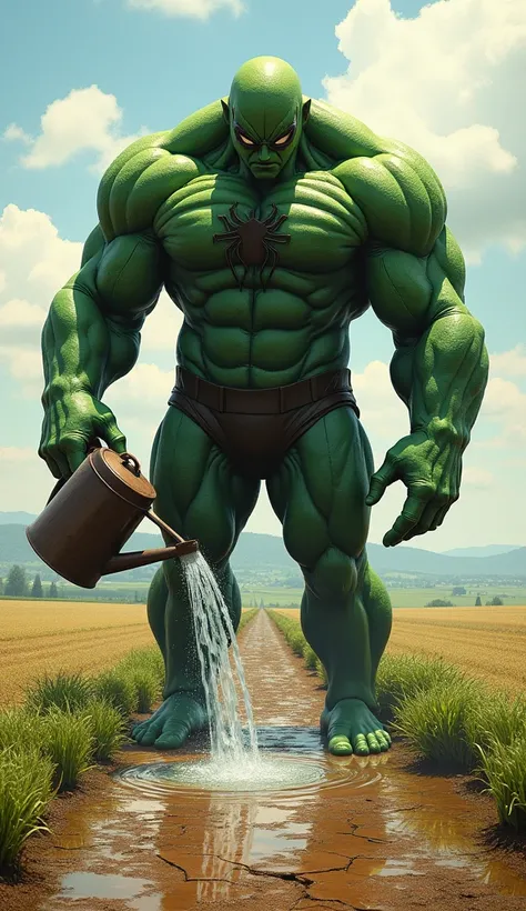 Here’s an enhanced prompt with a focus on a realistic spider man face: "A towering, muscular green figure resembling the spider man, with a realistic, expressive face, is watering a dry, cracked field with a large watering can. His massive arms hold the ca...