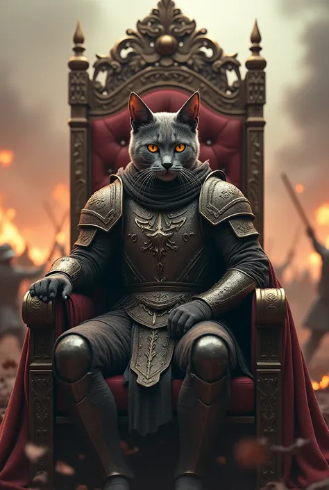 hình ảnh thực tế, Body, a cat in armor, sitting on a throne, in the midst of fierce battle, smoke and fire