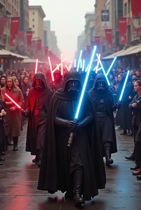 STARWARS, on a street, Jedi and sith walking together as a group, crimson blade on left and Blue blade at light, now they at peace, Working together, and stay together in one banner. They marching together on a Street in a celebration, while crowd is watch...