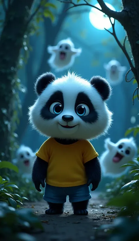 A Pixar cartoon style cute panda cub, large and fluffy mane, big blue eyes, red t-shirt and blue shorts. add these character details in each prompt and rewrite image prompts for all the scenes so I can generate consistent character A cute pandawith a large...