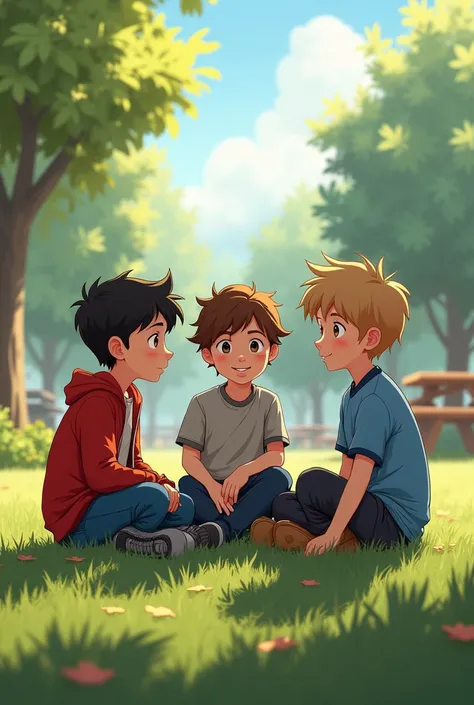 
A black-haired boy, a short black-haired boy in a red jacket, jeans, standing next to a brown-haired boy in a gray t-shirt, jeans, and a light brown-haired boy in a blue shirt and sweatpants, are sitting and talking in a park in a village.