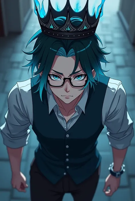 Create an anime male character with glasses and grey piercing, with cyan hair on top and black at the ends, with a black crown with cyan fire, with a long-sleeved shirt with a cyan-colored vest, a black pants, with a serious and cold personality 