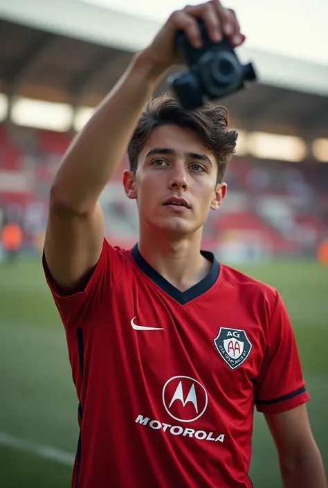 Ramon Roman is an 1 teenager who has dark brown hair which is often styled in an undercut., brown eyes, and oval face. Taking a photo at the Brianteo Stadium wearing a red AC MONZA logo jersey with Motorola as the sponsor on the jersey