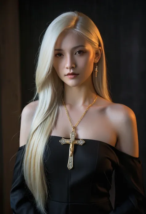 long platinum blonde hair, black off-the-shoulder dress, gold cross necklace, straight hair, standing pose, indoor, dim lighting, dark background, soft shadows, somber atmosphere, close-up, shallow depth of field, no visible motion blur