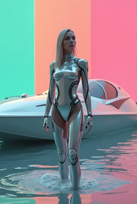 commercial photo of a stunning woman standing in water near a boat, in the style of colorful futurism, stylish costume design, daz3d, sleek metallic finish, robotic motifs, rococo pastel, vivid color blocks --ar 61:77 --s 750 --style raw --v 5.2