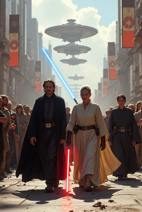 STARWARS, on a street, Jedi and sith walking together as a group, different clothes, crimson blade on left and Blue blade at light, now they at peace, Working together, and stay together in one banner. They marching together on a Street in a celebration, w...