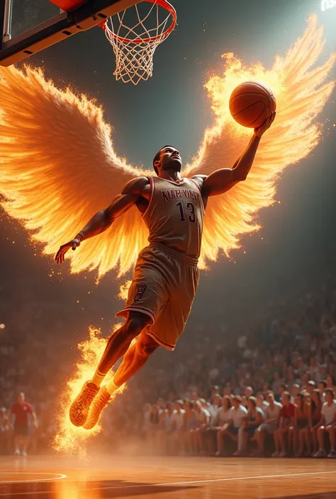 Basketball player with wings dunking fiercely during a basketball game and the ball is on fire