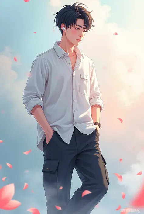 ,dreamy looks,asian,white shirt, short black 
hair ,airpods,black cargo,white shoes,modelling, boy,anime,anime background