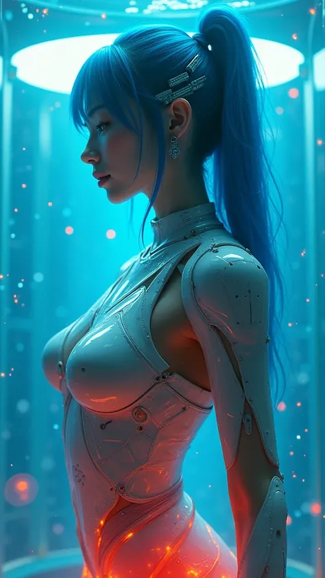 Future Technology,graduate School,A Japanese woman,Blue long hair shawl,Mechanical earrings,Big breasts,Mechanical jewelry,Perfect body,Wear i robot armor skirt,Lying in the tank,sleep, 20240828-1724851294034-0009 0009, Zeekr White Sauce F.1-Portrait V6MAX...