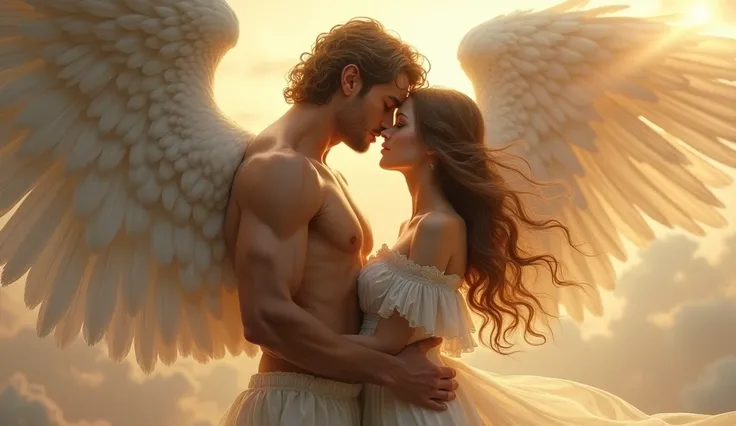 an image of a male angel with wings with a beautiful girl expressing his love