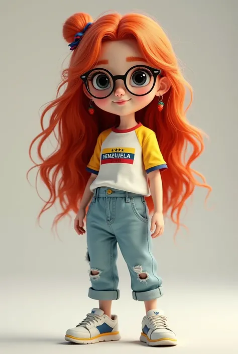 Girl with red hair with a bow with glasses black eyes Venezuela shirt with light blue pants with sports shoes 