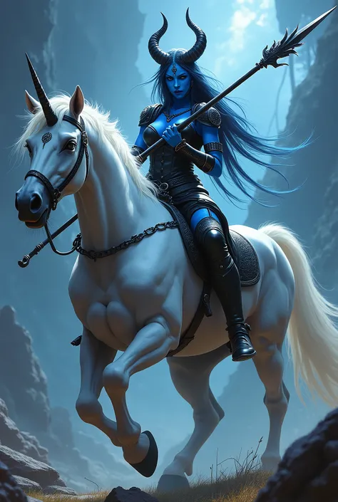 a blue-skinned succubus wearing black leather armor and holding a black spear rides a large muscular, stark white glittering unicorna blue-skinned succubus wearing black leather armor and holding a black spear rides a large muscular, stark white glittering...