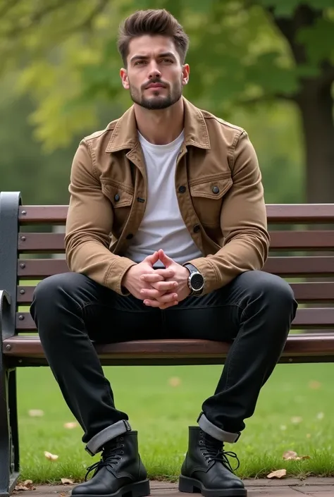 61 tall handsome and fit man wearing  opened pale brown denim jacket and  closed white dress shirt  and black t shirt and black jean and black chuuka boots sitting on bench of park with charm
