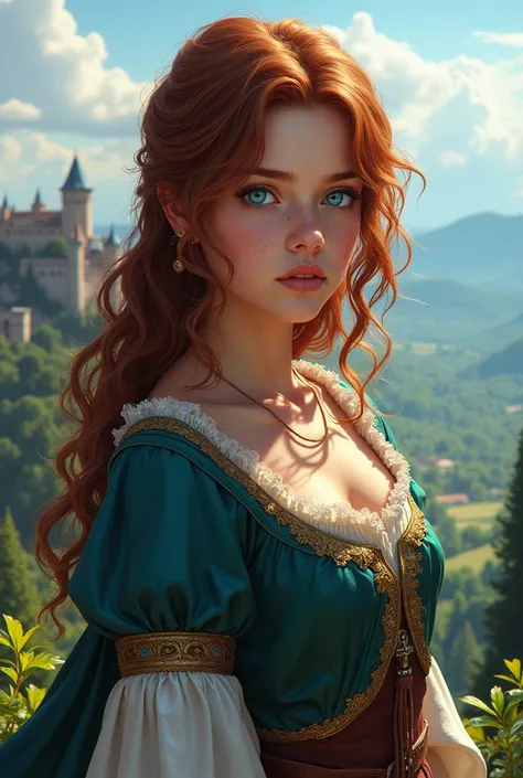 A character from an RPG, A young adult, with wavy hair and blue eyes, with beautiful medieval clothes 