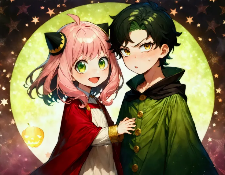 kids couple,Halloween,BREAK,(boy,damian desmond,spy x family,olive eyes,dark green hair,polar bear costume),BREAK,(girl,anya (spy x family),spy x family, yellow-green eyes, pink hair, wears wizards clothes),BREAK,anatomically correct,Halloween background,a...