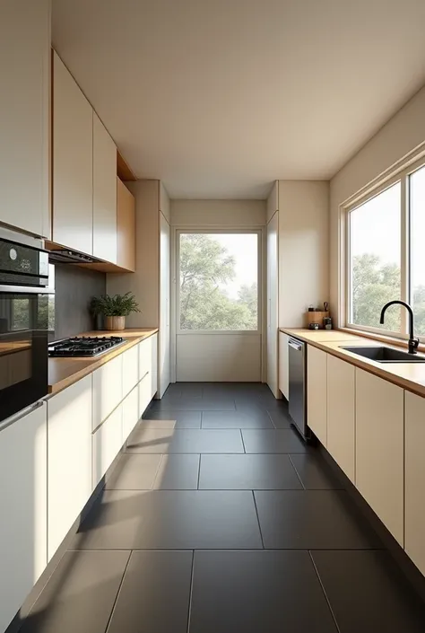 Kitchen with two kitchen units. to right side, 2,30 m corridor, comes a stove and a side by side refrigerator. to the left side, 2,40 m corridor, comes the sink, dishwasher and a high oven.  The kitchen has an oak worktop, Front in cream and on the floor a...