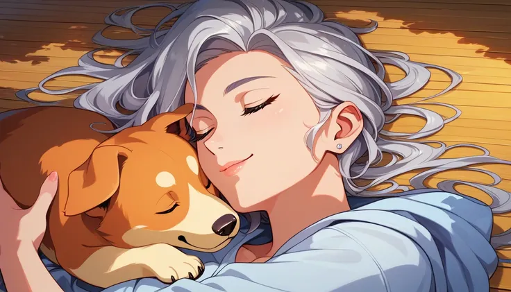 masterpiece,highest quality,ultra-detailed,high-definition background,8k,hi-res,high quality,break,1 dog,Sleeping,cool,Beauty,Silver Hair,smile,Score_9,Score_8_up,Score_7_up,