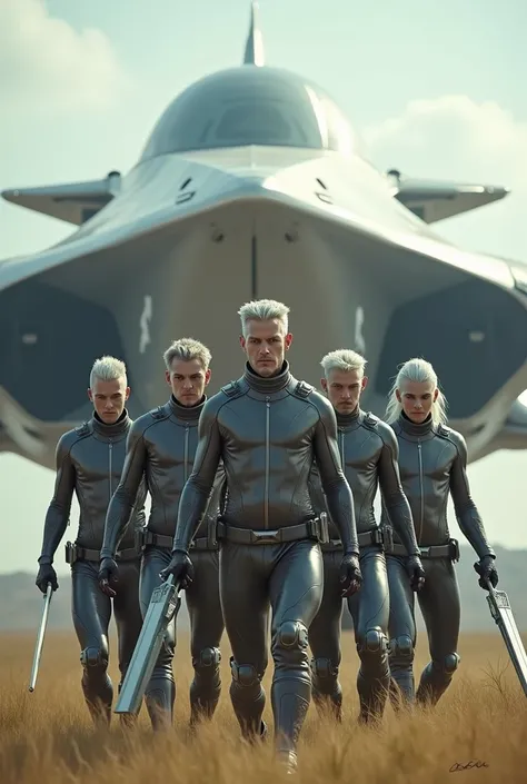 5 Silver-haired men, men&#39;s futuristic clothing, futuristic weapons, pointy ears. They are in a field near a futuristic ship 