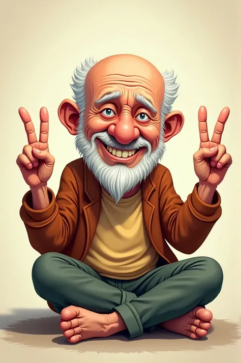 There is an old man with a small white beard. He is bald. He is looking with a smile. He is showing the middle finger of both hands in front. And he is sitting with his legs folded. And it is a cartoonish image.