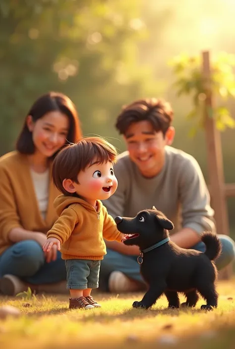 Parents watching their brown-haired son happily with the little black dog