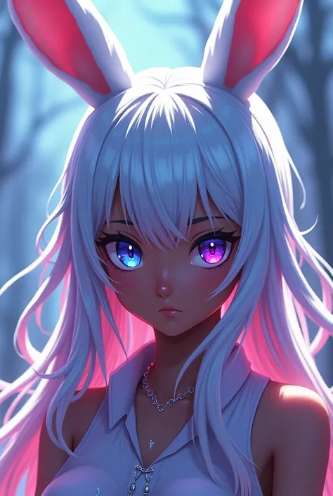 A dark-skinned girl, her hair is blonde with light blue,Light pink and light purple, His appearance is calm and his right eye is purple and the left one is blue and he has bunny ears.. My Hero Academy Anime