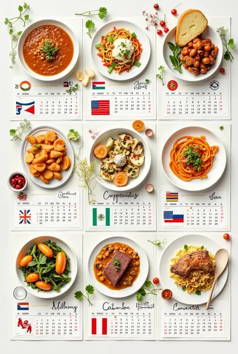 A calendar with images of dishes from different countries each week or a visual representation of a culinary timeline, highlighting the countries in focus.