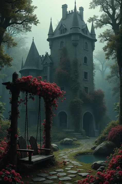 A cracked and old castle in the middle of a dark forest. The castle has to be covered by a rose bush of red roses full of thorns. In front of the castle there is a swing with 2 seats and on the left side there is a pond with two cute frogs.