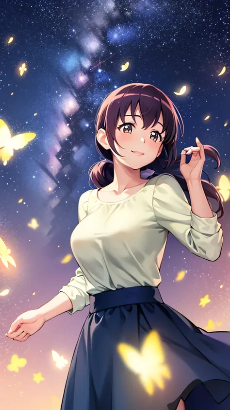 starry sky nurture, hair tied back, young face, smiling face, large breasts, starry sky, hands up, looking up at the sky, firefl...