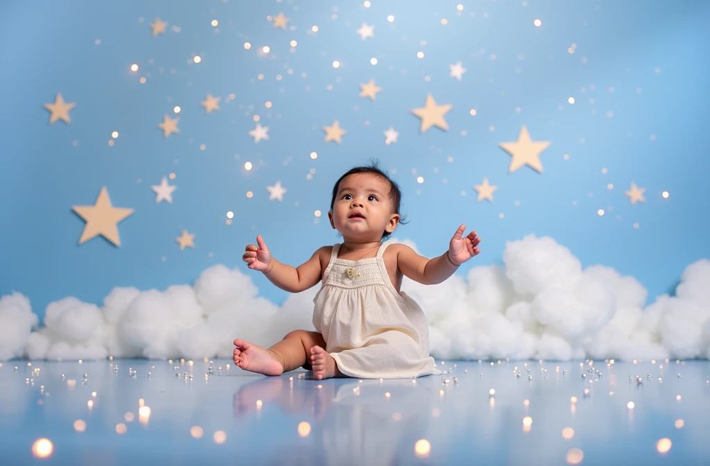 arafed baby sitting on the floor with a one in front of a blue backdrop, on simple background, marvelous expression, modeling photography, closeup portrait shot, in front of white back drop, edited, with stars, shot on canon eos r5, shot on canon eos r 5, ...