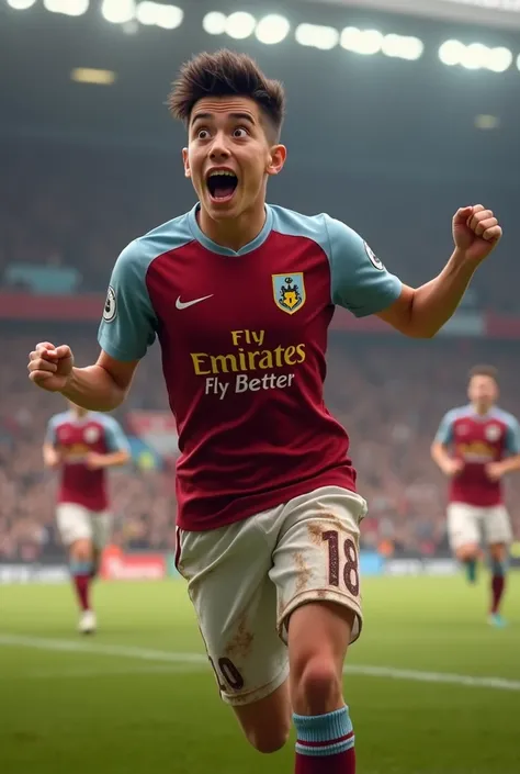 Ramon Roman is an 1 teenager who has dark brown hair which is often styled in an undercut., brown eyes, and oval face.  Wearing a jersey with the Burnley logo and sponsor Emirates Fly Better. After scoring a goal and celebrating towards the audience with h...