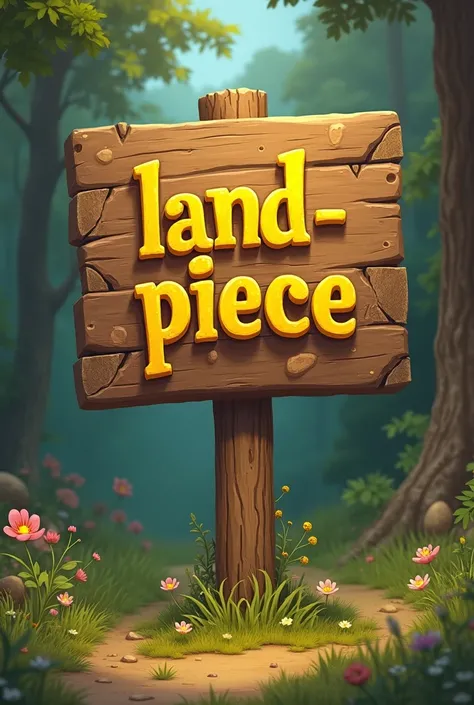 Create a 2D wooden sign without being realistic, writing "LAND PIECE" yellow