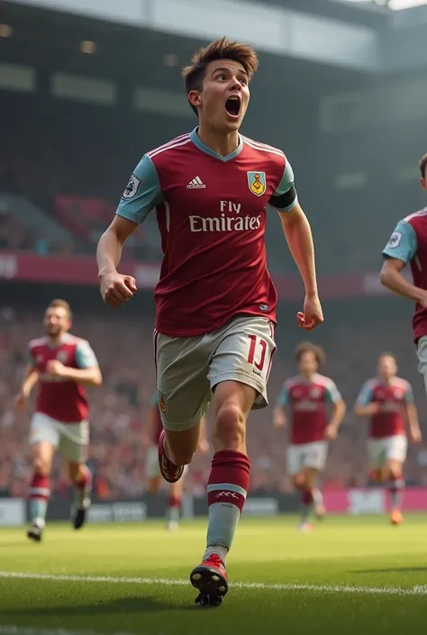 Ramon Roman is an 1 teenager who has dark brown hair which is often styled in an undercut., brown eyes, and oval face.  Wearing a jersey with the Burnley logo and sponsor Emirates Fly Better. After scoring a goal and celebrating towards the audience with h...