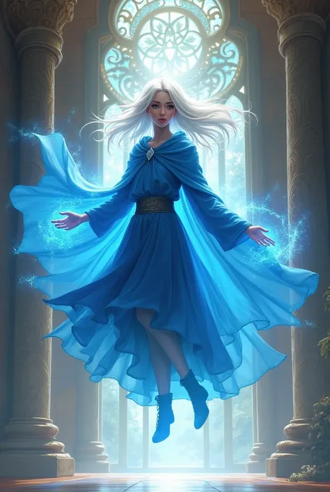 Young white haired woman with blue magic flying wearing a blue cloak in a mystical temple 