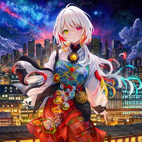 [realistic|(impasto:1.2)|(gufeng:1.4)], (kuroume:0.4), (1man:1.2), heterochromia (red|cian), white hair, standart cloth, [eyes (cosmic):0.8], background (colors, bright, colorful, anime, details, detalization:1.6), ([bright|colorful] city on background:1.4...