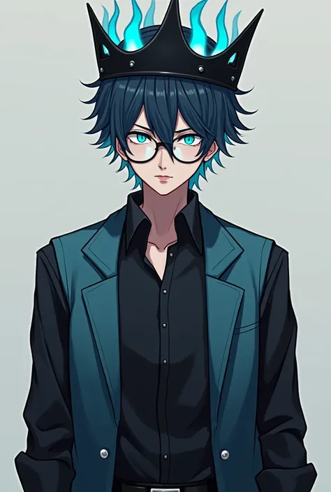 Create an anime character with a masculine appearance with gray glasses and piercings, with cyan hair on top and black at the ends, with a black crown with light sky blue flames, with a black long-sleeved shirt and a cyan open vest, a black pants, Let him ...