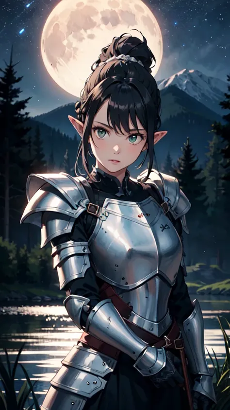 (Style-GHL:0.5),(Style-DA:1.1),dsshadowheart in a field with full of trees,long trees,(lake),beautiful view with mountains,black hair,long hair,ponytail,bangs,braid,hair ornament,pointy ears,green eyes,circlet,armor,((fully armored)),dark silver and leathe...