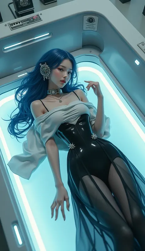 Future Technology,graduate School,A Japanese woman,Blue long hair shawl,Mechanical earrings,Big breasts,Mechanical jewelry,Perfect body,Wearing a black and white one-piece hem skirt,Lying in the tank,sleep